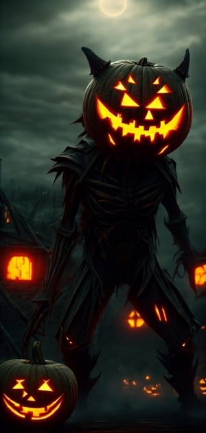 Create a photo realistic monster made outr of bones and pumpkins, bloody, fiercy, halloween night, high detailed, sharp focus
