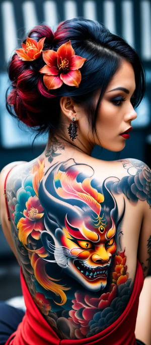 Generate hyper realistic image of a woman with an intricate and vibrant full-back tattoo. The woman is shown from behind, seated and leaning slightly to one side, allowing a clear view of her entire back. Her hair is straight and dark, falling around her shoulders. The tattoo covers her entire back. The central feature of the tattoo is a large Hannya mask. The mask has a fierce, angry expression with sharp teeth, depicted in vivid red and contrasting dark shades. The tattoo features rich, deep colors with intricate shading. he woman's hair is straight and dark, and it frames the tattoo. 