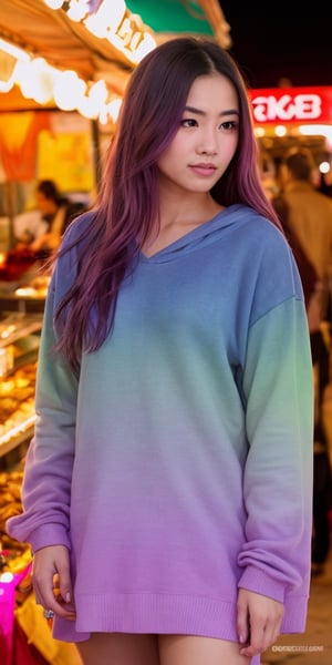Generate hyper realistic image of a scene featuring a woman with a vibrant lavender ombre, dressed in edgy streetwear, exploring a lively night market filled with food stalls and cultural performances, blending urban style with diverse night-life experiences.Extremely Realistic, up close, 