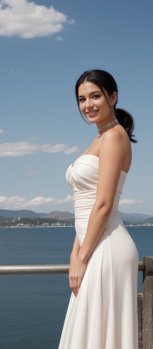 Generate hyper realistic image of a woman standing on a concrete platform with a serene body of water and a distant mountain range in the background. She gazes directly at the viewer with a warm smile. Her left hand rests gently on her right hand. She is dressed in a white strapless gown with a choker necklace around her neck. Her hair is styled in a sleek bob, and her black hair is pulled back in a ponytail. Her eyes are accentuated with dark brown eyeshadow, and she wears silver high-heeled sandals. The sky is scattered with white clouds.