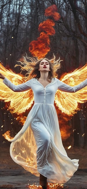  create a beautiful female angel falling down from the heaven. sad expression,fire wings, wings wide open, snow white long hair, messy hair, wings made out of fire , hopeful expression,blue eyes, red lips, realistic,fire element,flmngprsn,AngelicStyle,photo r3al,more detail XL,composed of fire elements