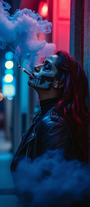 Generate hyper realistic image of a woman with skull painting on her face, leaning back against a textured wall, enveloped in thick, vibrant blue smoke. The woman is looking towards the sky. In its mouth, a lit cigarette burns, emitting the red smoke, which swirls around the head in an ethereal, dreamlike manner. The background is out of focus, revealing blurred city lights in a range of soft colors. The figure wears a black leather jacket with shiny, reflective surfaces. The mood is eerie yet modern, blending elements of death, urban culture, and neon lighting.