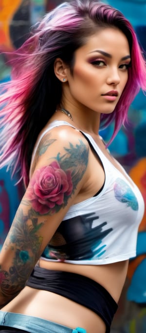 Generate hyper realistic image of a striking, colorful character with a vibrant and edgy aesthetic. She is wearing a sleeveless, semi-transparent white tank top that is wet and clings to her body, revealing a tattoo on her chest. The top has graffiti-like designs in various colors. She is also wearing black shorts with vibrant pink and blue patterns. Her body is adorned with several tattoos, including a large rose with torns on her chest, colorful graffiti-like patterns on her arms and legs, and smaller designs on her shoulders and hands.