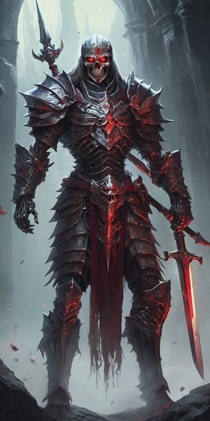  create a Skeleton god wearing blood armor. background of underworld.fierce looking, glowin red eyes, godly armor., sharp focus, high detailed.