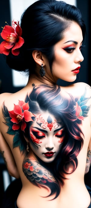 Generate hyper realistic image of a woman with an intricate and vibrant full-back tattoo. The woman is shown from behind, seated and leaning slightly to one side, allowing a clear view of her entire back. Her hair is straight and dark, falling around her shoulders. The tattoo covers her entire back. The central feature of the tattoo is a large Hannya mask. The mask has a fierce, angry expression with sharp teeth, depicted in vivid red and contrasting dark shades. The tattoo features rich, deep colors with intricate shading. he woman's hair is straight and dark, and it frames the tattoo. 