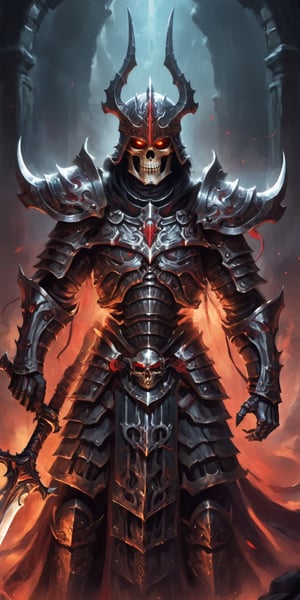  create a Skeleton god wearing blood armor. background of underworld.fierce looking, glowin red eyes, godly armor., sharp focus, high up close,detailed.,more detail XL