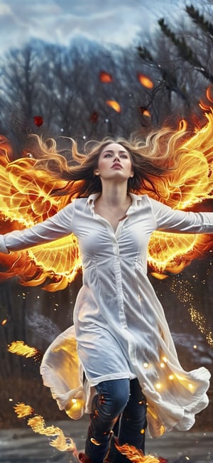  create a beautiful female angel falling down from the heaven. sad expression,fire wings, wings wide open, snow white long hair, messy hair, wings made out of fire , hopeful expression,blue eyes, red lips, realistic,fire element,flmngprsn,AngelicStyle,photo r3al,more detail XL,composed of fire elements