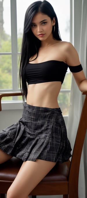 Generate hyper realistic image of a woman with flowing black hair and piercing blue eyes, her lips adorned with a seductive smile. She sits gracefully, her plaid skirt draped elegantly over the chair, while her off-shoulder crop top accentuates her collarbones. Torn thigh-highs add a hint of rebellious charm to her ensemble as she reads intently, the city lights flickering beyond the window.