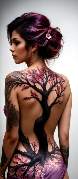 Generate hyper realistic image of a woman with an intricate and vibrant full-back tattoo. The woman is shown from behind, standing, allowing a clear view of her entire back. Her hair is straight and purple, falling around her shoulders. The tattoo covers her entire back. The central feature of the tattoo is a tree trunk and branches are intricately detailed with rich, dark brown shades. The branches extend gracefully across the skin, spreading out in an organic and natural pattern. The flowers are depicted in various shades of pink, from deep magenta to soft pastel hues. Each blossom is carefully crafted, with delicate petals and subtle shading. urrounding the tree and blossoms are scattered petals and leaves.