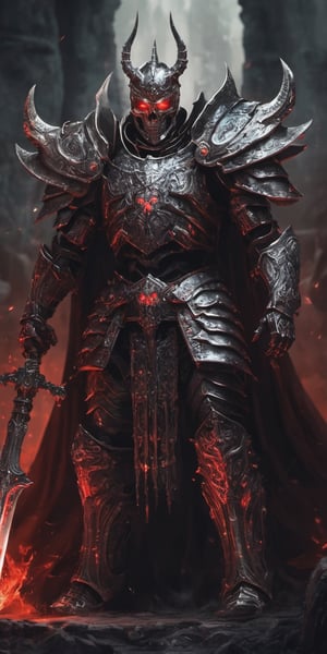  create a Skeleton god wearing blood armor. background of underworld.fierce looking, glowin red eyes, godly armor., sharp focus, high detailed.