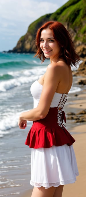 Generate hyper realistic image of lovely woman on a sandy beach, gazing at the viewer with a gentle smile. Her flowing red hair cascades in long, wavy layers over her shoulders. She is dressed in a corset-style dress with a white skirt decorated with red flowers and green leaves, highlighted by an orange corset and a red scarf. The beach setting, with waves crashing softly on one side, enhances the tranquil atmosphere, and her hair frames her face elegantly.