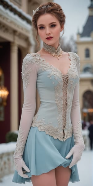 Generate hyper realistic image of the Victorian elegance with winter charm in an ice skating photoshoot. Feature the lady in glamorous Victorian-inspired winter attire on a frosty ice skating rink.up close,Extremely Realistic,<lora:659095807385103906:1.0>