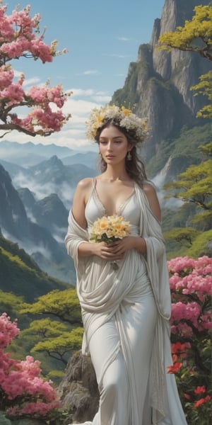 Generate hyper realistic image of a nurturing goddess intertwined with the natural world, adorned with blooming flowers, lush forests, and craggy mountains, symbolizing the grounding and life-giving essence of earth.