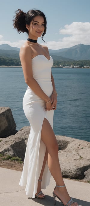 Generate hyper realistic image of a woman standing on a concrete platform with a serene body of water and a distant mountain range in the background. She gazes directly at the viewer with a warm smile. Her left hand rests gently on her right hand. She is dressed in a white strapless gown with a choker necklace around her neck. Her hair is styled in a sleek bob, and her black hair is pulled back in a ponytail. Her eyes are accentuated with dark brown eyeshadow, and she wears silver high-heeled sandals. The sky is scattered with white clouds.