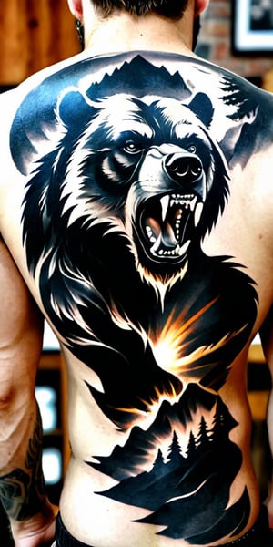 Generate hyper realistic tattoo on a man's back with a fierce grizzly bear, captured in a highly detailed, black-and-white, photorealistic style. The bear's mouth is open in a roar, showing its sharp teeth and the inside of its mouth, which adds to the aggressive and powerful impression. The eyes are intense and focused, conveying a sense of ferocity. The front paw of the bear is raised and extended forward, with long, sharp claws clearly visible. This positioning suggests an attack stance, adding to the action and intensity of the image. The fur of the bear is intricately detailed, with individual strands and varying shades of gray to create depth and realism. The texture of the fur contrasts with the smooth, dark areas of the mouth and nose. The background is abstract and blurry, composed of various shades of gray and white that suggest motion or a natural environment, like a forest.,FuturEvoLabTattoo,Andrew