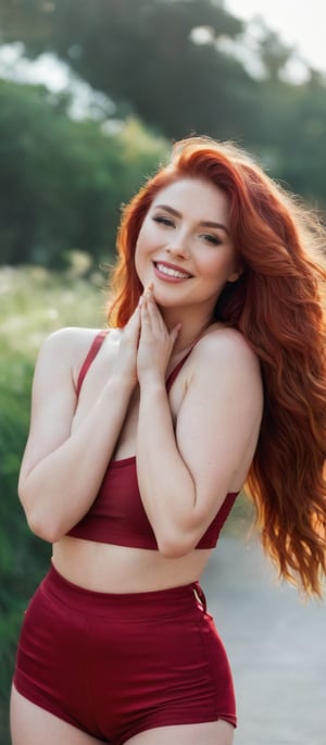 Generate hyper realistic image of a woman standing with her hands raised to her cheeks, using her fingers to gently pull her cheeks back, enhancing her smile. She has long, vibrant shiny red hair that cascades down her back in loose, voluminous waves. She is wearing a red crop top and matching red shorts that are high-waisted and slightly distressed at the hems. The background features a cozy coffee shop.