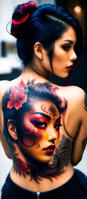 Generate hyper realistic image of a woman with an intricate and vibrant full-back tattoo. The woman is shown from behind, seated and leaning slightly to one side, allowing a clear view of her entire back. Her hair is straight and dark, falling around her shoulders. The tattoo covers her entire back. The central feature of the tattoo is a large Hannya mask. The mask has a fierce, angry expression with sharp teeth, depicted in vivid red and contrasting dark shades. The tattoo features rich, deep colors with intricate shading. he woman's hair is straight and dark, and it frames the tattoo. 