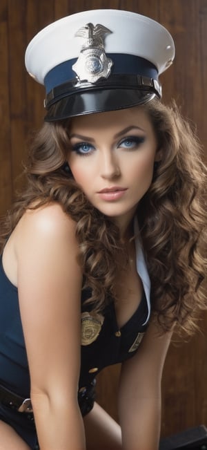  create a Beautiful stripper wearing sexy police uniform. Beautiful face, seducing the viewer,Long hair , brown curly hairs, blue eyes eyes,.,photo r3al,more detail XL