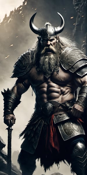  Create a hyper realistic viking in berserker mode fighting enemies.Fierce, strong , fast  grey hairs and beard , war paintings , viking armor with fur .Jigh detailed ,sharp focus, dramatic lighting, dark colours, battlefield of norse.,Movie Still