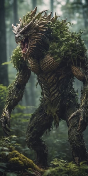  create a plant monster born to protect nature from humans.loving to earth ir hatred towards humans.he is resembling plants and animal beast.background of nature, sharp focus, high detailed.