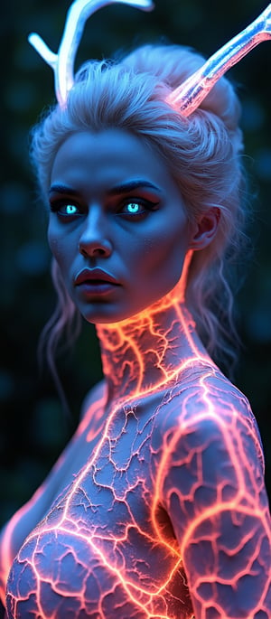 Generate hyper realistic image of a bioluminescent woman with a fantastical and alien appearance. The woman has an intense, otherworldly gaze. Her eyes are glowing bright blue, illuminated from within, and are strikingly detailed. Her skin appears smooth but with a slight metallic sheen. Her expression is serene, yet powerful. Her hair is white or silver, styled in an elegant updo. Thin, glowing wires intertwine with her hair. She wears a striking headpiece that looks like antlers, made of a bio-mechanical material. The headpiece glows with hues of pink, red, and purple, with delicate strands of glowing wires emanating from it. Her body is covered in an intricate web of bioluminescent lines and patterns that resembl veins glowing in various colors highlighting her curves. Her outfit merges seamlessly with her skin, as if it is growing out of her body. It has a glossy, organic look with glowing accents, resembling a symbiosis of plant life and advanced technology. The background is dark and blurred, with hints of a forest or natural environment.