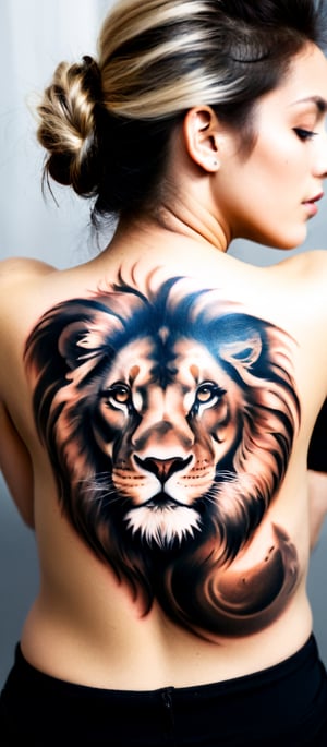 Generate hyper realistic image of a woman with a remarkable and powerful tattoo design on her back. The woman is shown from behind, with her head turned slightly to the side, giving a partial view of her profile. Her arms are raised and resting on her shoulders, emphasizing the back tattoo. The tattoo is a striking and artistic composition, combining a majestic lion's face with two cubs. The lion's face is detailed and realistic, with expressive eyes and a flowing mane that blends seamlessly into the woman's skin. The lions cubs are prominently positioned, one at the top of the tattoo near her neck and the other overlapping the lion's face. The woman's hair is styled in a simple, loose bun, allowing the tattoo to be fully visible. The background is neutral and unobtrusive.