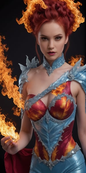 Generate hyper realistic image of the clash of fire and ice elements in a vivid and dynamic photoshoot. Dress the lady as embodiments of fire and ice, using special effects and props to enhance the elemental theme.up close,Extremely Realistic,<lora:659095807385103906:1.0>