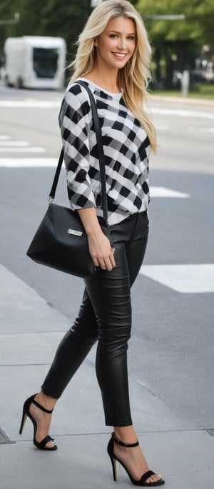 Generate hyper realistic image of woman in a full-length pose on a sidewalk, gazing at the viewer with a charming smile. She is dressed in sleek black leather leggings and high-heeled sandals, and she is holding a white and black checkered bag in her left hand. Her long blonde hair flows over her shoulders, accentuating her face. She wears a black and white striped long-sleeved t-shirt with a distinctive black crisscross pattern. The backdrop is a white building with windows, revealing a glimpse of green foliage.