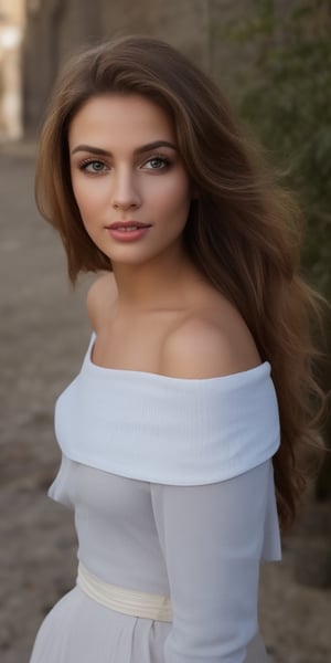 Generate hyper realistic image of a beautiful woman with long, brown hair cascading down her shoulders. Her gaze meets the viewer's eyes as she poses outdoors, wearing open, off-shoulder clothes that complement her dark skin. The realistic depiction captures the essence of her beauty, highlighting her lips and upper body against a background reminiscent of a captivating photo.