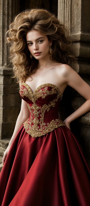 Generate hyper realistic image of a woman with voluminous, wavy hair with a slightly wild, untamed look. Her hair is a rich, golden blonde color. She is dressed in an ornate, strapless red gown with intricate gold embroidery. The bodice is form-fitting and accentuates her figure, while the skirt is voluminous and has a luxurious, flowing quality.  She is leaning against an ancient stone structure. The background features an ancient, weathered stone structure that evokes the setting of a historical castle or ruins.