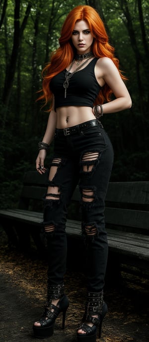 Generate hyper realistic image of a woman with long, vibrant orange hair that cascades down her back in waves. The striking color contrasts with her outfit, making her hair a focal point. Her eyes are accentuated with dark, dramatic makeup. She is dressed in a gothic-punk style. She wears a sleeveless black top adorned with chains and metal details. Paired with this, she has on black ripped skinny jeans. She is wearing high-heeled shoes with a unique design, featuring studs and straps. Her expression is contemplative and slightly fierce. The background is a wooded area with tall trees and wooden benches..