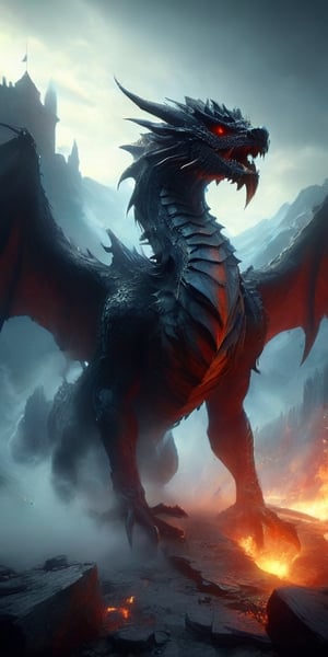 Generate hyper realistic image of an enormous dragon with razor-sharp fangs and talons, its scaly wings blotting out the sun as it descends upon a castle, its fiery breath reducing stone walls to rubble and striking fear into the hearts of all who witness its wrath.