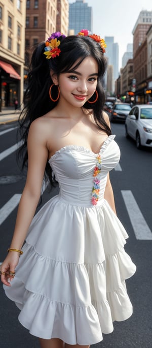 Generate hyper realistic image of a woman with long, black hair styled in voluminous waves. She has a colorful floral headband. Her hair is tied into two high ponytails. She is wearing a strapless white dress with a tiered skirt that gives a flowing and layered effect. The dress has black accents along the neckline and straps, adding a contrast to the bright white fabric. She is adorned with large, colorful hoop earrings and several rings on her fingers. Her expression is innocent, with wide eyes. Her gentle smile adds to her beauty. The background features a bustling city scene with cars and buildings.