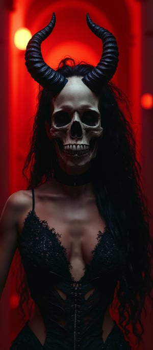 Generate hyper realistic image of a female with dark, curvy and sinister figure, blending elements of horror and gothic fantasy. The woman's head is largely skeletal, with a detailed and prominent skull serving as a mask. On top of the skull, there are massive, twisted horns. These horns are black and jagged, curving upward. The woman's body is partly exposed, but draped in intricate black lace and armor-like adornments. Bone-like details are incorporated into the armor around the chest, further emphasizing death and decay. The image is bathed in dark red light, giving it a hellish atmosphere. The red glow emanates from behind and around the character, creating dramatic shadows and highlighting the figure’s skeletal features. The background is dimly lit and blurred  a gothic temple.