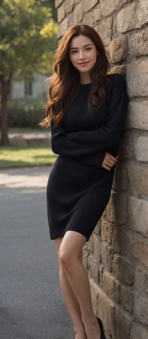 Generate hyper realistic image of a woman with long, red hair, standing against a rustic wall. She wears a black sweater dress, lifting it slightly to reveal a blush on her tanned skin. With a subtle smile, she gazes directly at the viewer, her long hair cascading down. The scene exudes simplicity and authenticity, capturing the raw beauty of the moment.