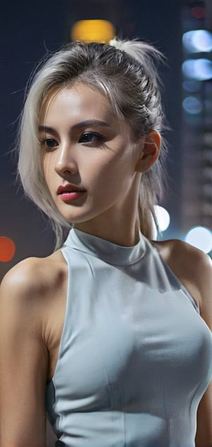 Create a stunning women, looking at viewer,, long hair, white hair, pretty face, ponytail, seductive, cityscape, at night, on top of a skyscraper, short dress, tight shiny skin, cold colors,photo r3al,detailmaster2