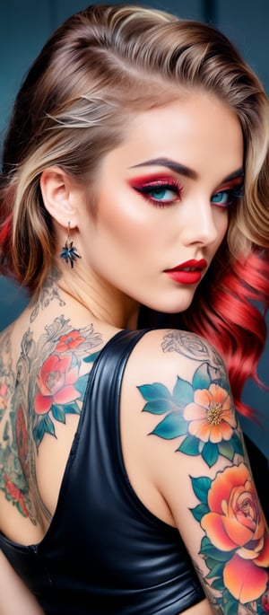 Generate hyper realistic image of a woman posing in an eye-catching outfit with a prominent tattoo. The woman has long, light brown hair styled in loose waves, cascading down her back and over her shoulders. Her makeup is striking, with a focus on her eyes, which enhanced with bold eyeliner. Her lips are painted red. She is looking over her shoulder directly at the camera. The woman has an elaborate tattoo covering her right arm and extending onto her back. The tattoo features includes floral and mythical elements, with vibrant colors such as teal and shades of red and brown. She is wearing a black, shiny, leather-like top that is cropped, exposing her midriff. The top has long sleeves. 