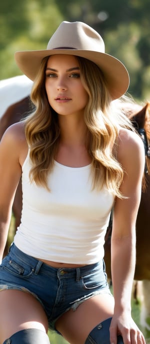 Generate hyper realistic image of a woman with long, wavy blonde hair that cascades down her shoulders. The hair has a slightly tousled, natural look. Her face is partially obscured by her hair and the shadow cast by her cowgirl hat, but she has a natural, minimalistic makeup look. She has a youthful appearance with sun-kissed skin. She is wearing a wide-brimmed, white cowboy hat, which adds a distinct Western flair to her outfit. She is wearing a white, sleeveless tank top that fits snugly and ripped shorts. She is wearing dark cowgirl boots. The woman is squatting down, with one arm resting on her knee and the other partially lifting her hat. Her pose is relaxed, giving off an effortless and natural look. The background is an outdoor, grassy area with natural light. 