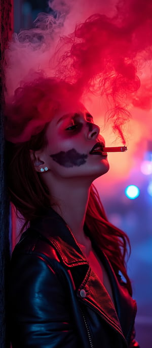 Generate hyper realistic image of a woman with skull painting on her face, leaning back against a textured wall, enveloped in thick, vibrant blue smoke. The woman is looking towards the sky. In its mouth, a lit cigarette burns, emitting the red smoke, which swirls around the head in an ethereal, dreamlike manner. The background is out of focus, revealing blurred city lights in a range of soft colors. The figure wears a black leather jacket with shiny, reflective surfaces. The mood is eerie yet modern, blending elements of death, urban culture, and neon lighting.