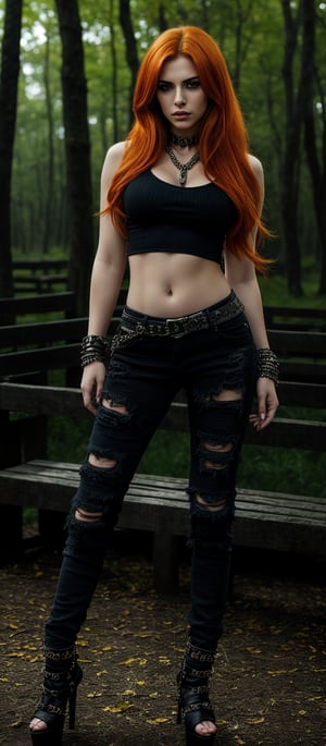 Generate hyper realistic image of a woman with long, vibrant orange hair that cascades down her back in waves. The striking color contrasts with her outfit, making her hair a focal point. Her eyes are accentuated with dark, dramatic makeup. She is dressed in a gothic-punk style. She wears a sleeveless black top adorned with chains and metal details. Paired with this, she has on black ripped skinny jeans. She is wearing high-heeled shoes with a unique design, featuring studs and straps. Her expression is contemplative and slightly fierce. The background is a wooded area with tall trees and wooden benches..