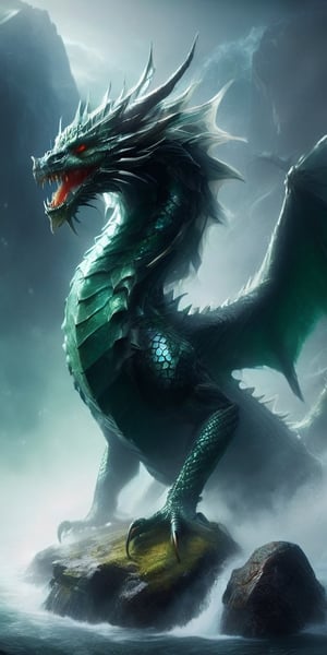 Generate hyper realistic image of a monstrous dragon with serpent-like features, its body covered in emerald scales, three pairs of ominous eyes, and a crown of venomous snakes instead of horns, embodying the terror of the ancient seas.