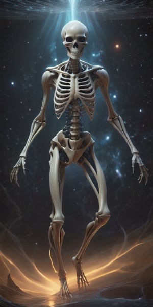 Generate hyper realistic image of  skeletal alien gracefully floats through the void, its bony form shimmering with an otherworldly luminescence. The alien's skeletal structure is intricate and elegant, composed of delicate, interlocking bones that seem to defy the laws of physics. Its elongated limbs move with a fluid grace, propelled by an unknown force, as it navigates the cosmic landscape.