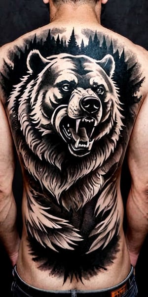 Generate hyper realistic tattoo on a man's back with a fierce grizzly bear, captured in a highly detailed, black-and-white, photorealistic style. The bear's mouth is open in a roar, showing its sharp teeth and the inside of its mouth, which adds to the aggressive and powerful impression. The eyes are intense and focused, conveying a sense of ferocity. The front paw of the bear is raised and extended forward, with long, sharp claws clearly visible. This positioning suggests an attack stance, adding to the action and intensity of the image. The fur of the bear is intricately detailed, with individual strands and varying shades of gray to create depth and realism. The texture of the fur contrasts with the smooth, dark areas of the mouth and nose. The background is abstract and blurry, composed of various shades of gray and white that suggest motion or a natural environment, like a forest.,FuturEvoLabTattoo,Andrew
