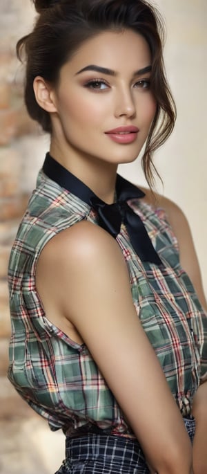 Generate hyper realistic image of a woman looking directly at the viewer, her lips curved into a soft, inviting smile. She has large breasts and stands in a seductive pose, showcasing her confidence. The medium-sized woman is positioned in front of a simple wall, creating a sense of intimacy. She is dressed in a plaid skirt that reaches her knees, paired with a white button-down shirt that fits snugly, and a black bow tie tied neatly around her neck. Her hair is styled in a sleek ponytail. Her left hand is wrapped around her waist.,hinaigirl