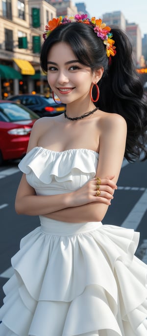 Generate hyper realistic image of a woman with long, black hair styled in voluminous waves. She has a colorful floral headband. Her hair is tied into two high ponytails. She is wearing a strapless white dress with a tiered skirt that gives a flowing and layered effect. The dress has black accents along the neckline and straps, adding a contrast to the bright white fabric. She is adorned with large, colorful hoop earrings and several rings on her fingers. Her expression is innocent, with wide eyes. Her gentle smile adds to her beauty. The background features a bustling city scene with cars and buildings.