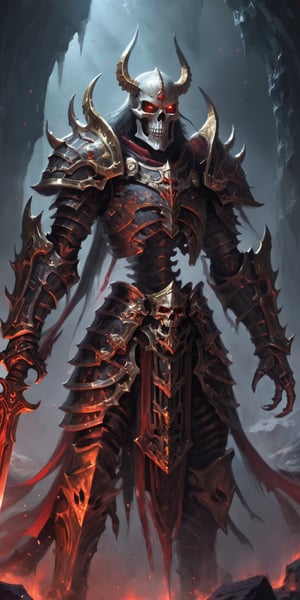  create a Skeleton god wearing blood armor. background of underworld.fierce looking, glowin red eyes, godly armor., sharp focus, high up close,detailed.,more detail XL