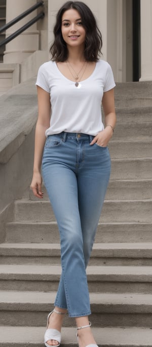 Generate hyper realistic image of a woman standing confidently on a set of stairs, looking directly at the viewer with a friendly smile. She is wearing a short-sleeved gray t-shirt with "womp womp" written in white on the front. Her hair is dyed a vibrant light green, cut short to frame her face. She accessorizes with a simple black necklace around her neck. The woman is wearing blue jeans that have been fashionably cut off at the bottom, paired with eye-catching blue high-heeled boots.