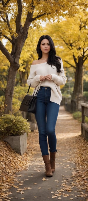 Generate hyper realistic image of a woman standing outdoors, her long black hair cascading over her shoulders. She wears a sweater, long sleeves covering her arms, paired with denim pants and brown boots. Her handbag hangs casually from her shoulder as she walks among autumn leaves, the trees adorned with colorful foliage. With crossed legs and a relaxed stance, she exudes a natural grace and elegance in this picturesque autumn setting.