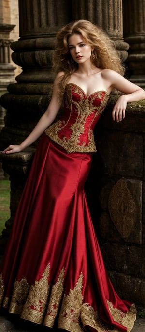 Generate hyper realistic image of a woman with voluminous, wavy hair with a slightly wild, untamed look. Her hair is a rich, golden blonde color. She is dressed in an ornate, strapless red gown with intricate gold embroidery. The bodice is form-fitting and accentuates her figure, while the skirt is voluminous and has a luxurious, flowing quality.  She is leaning against an ancient stone structure. The background features an ancient, weathered stone structure that evokes the setting of a historical castle or ruins.