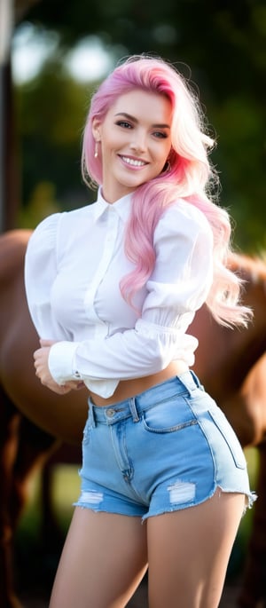 Generate hyper realistic image of a woman with long pink hair styled in a braid, with bangs gently resting on her forehead. She stands outside, smiling at the viewer while wearing a white shirt with puffy sleeves and high-waist shorts. The shirt has long sleeves that puff out, creating a stylish appearance. A ring adorns her finger, and she has earrings that catch the light. Her hair cascades over one shoulder, and the background is blurry, making her the focal point of the cowboy shot.
